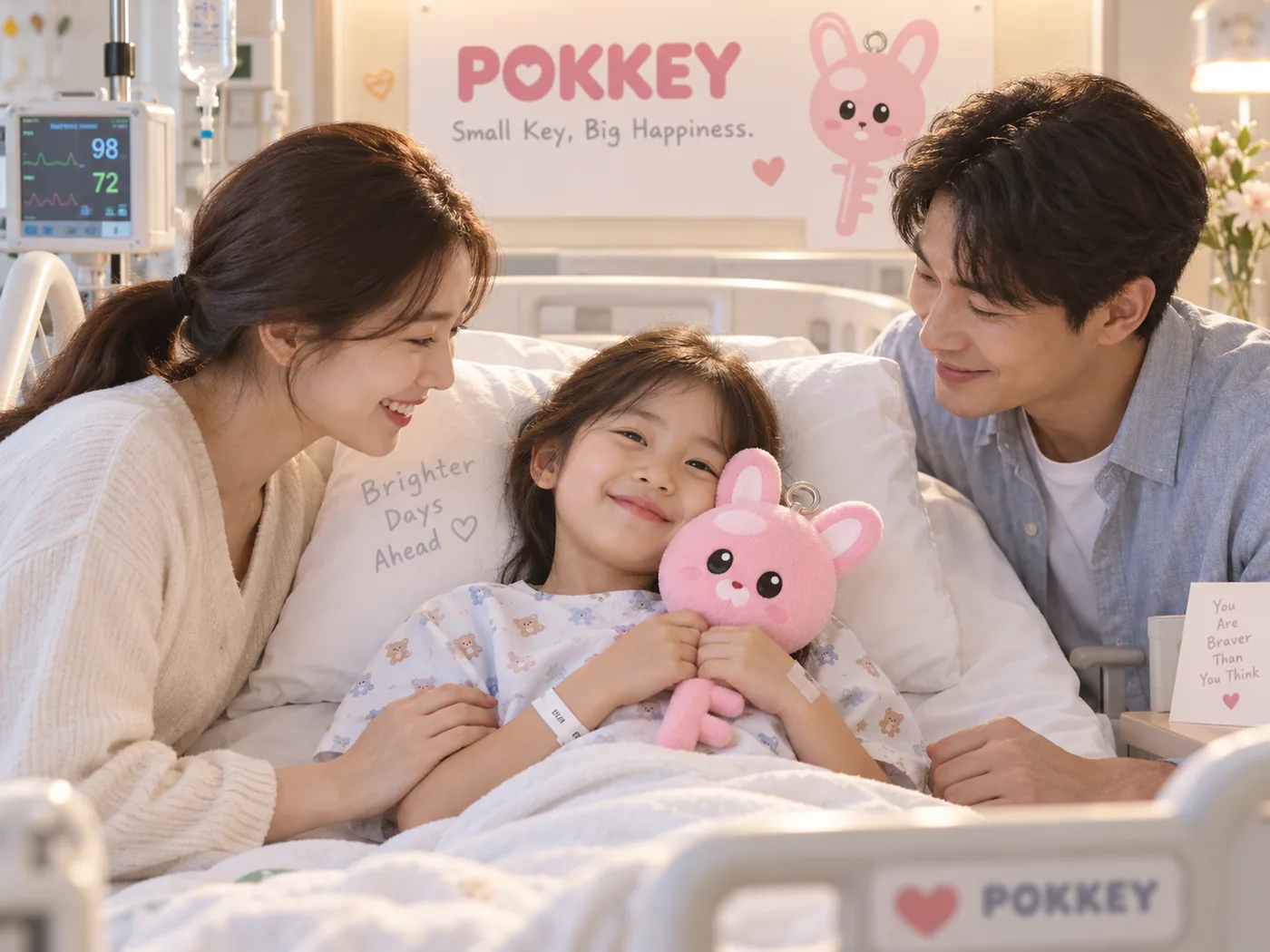 병원 침대에서 분홍 토끼 인형을 안은 아이와 곁을 지키는 부모