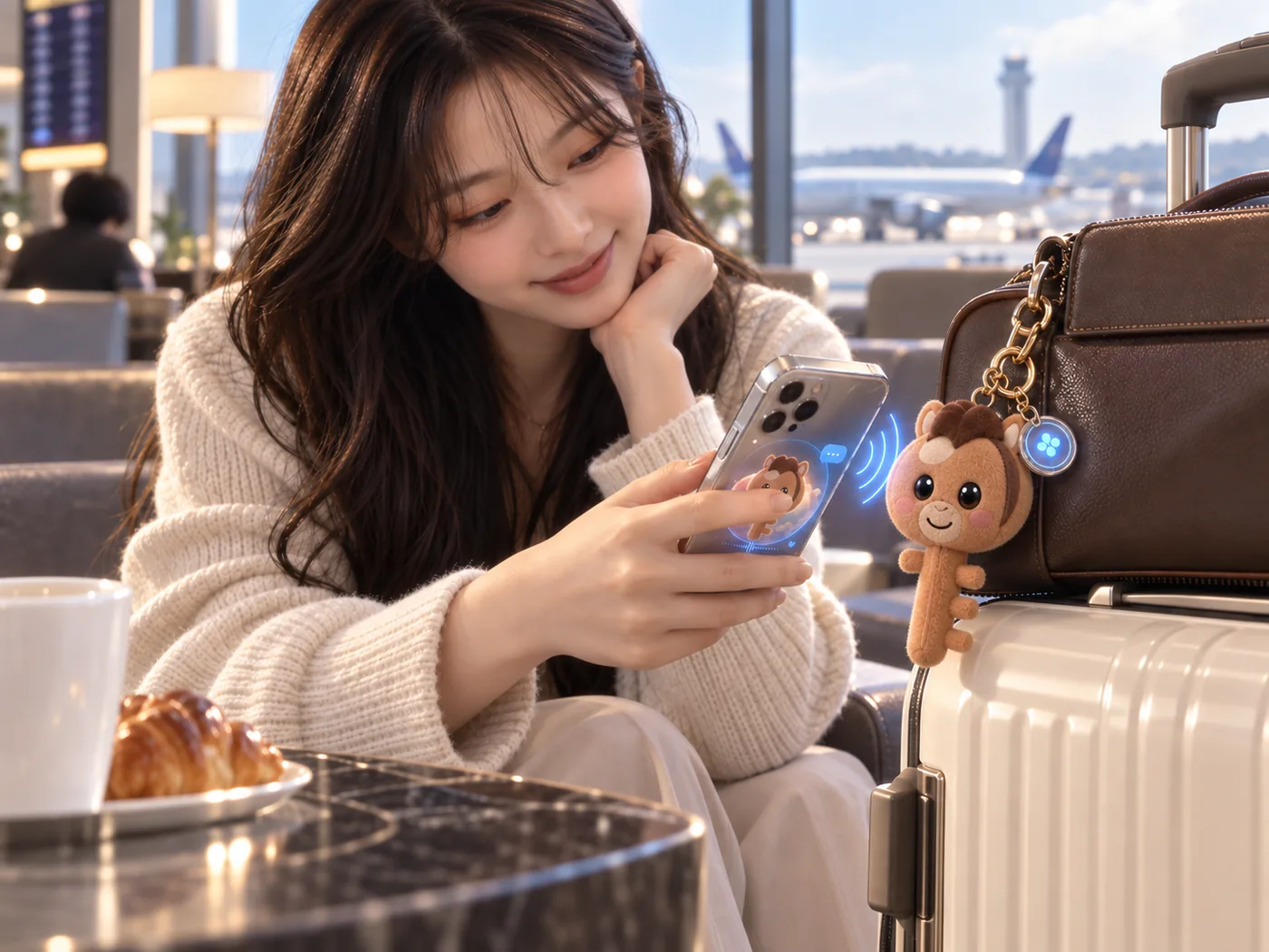 공항 라운지에서 가방에 단 원숭이 키링에 폰을 대는 사람