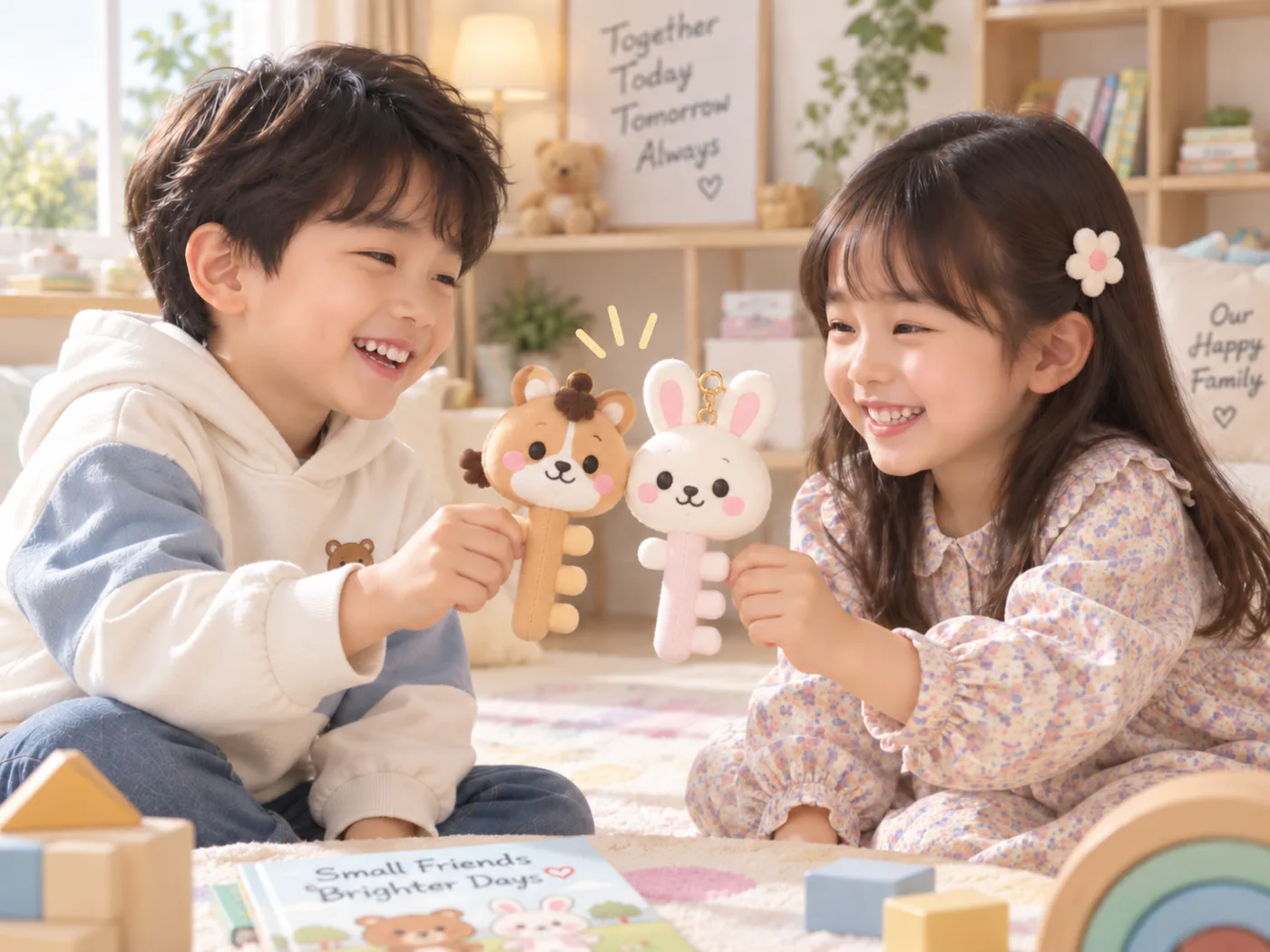소와 토끼 키링을 나란히 들고 웃는 두 아이
