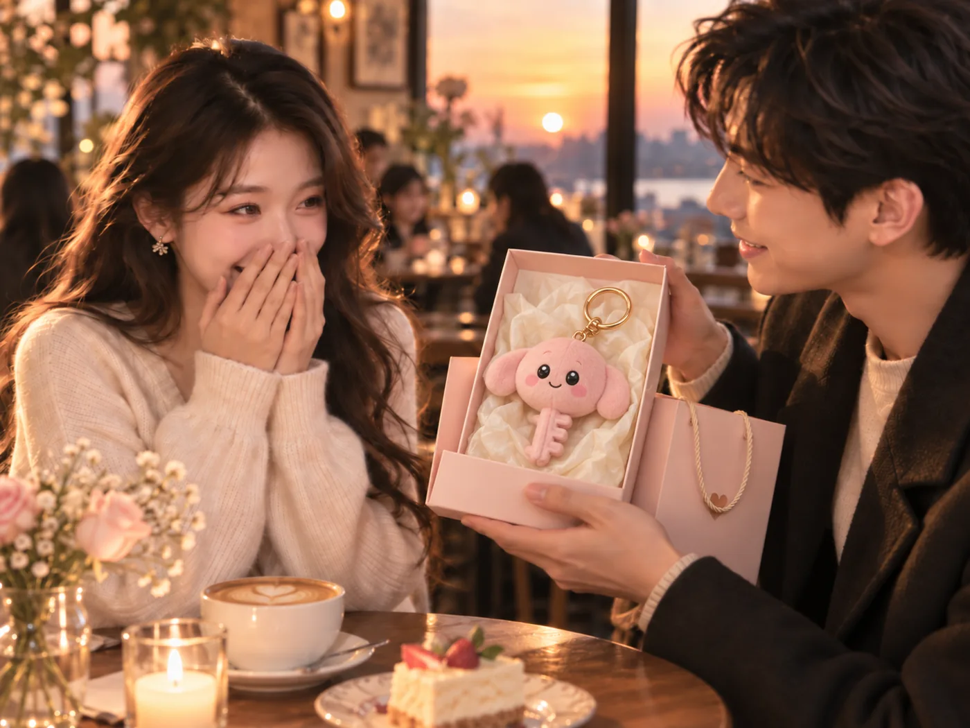 선물 상자 속 분홍 키링을 받고 놀라는 사람